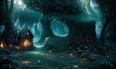 Fantasy scenery of an enchanted forest with a hollow tree and a wooden hut
