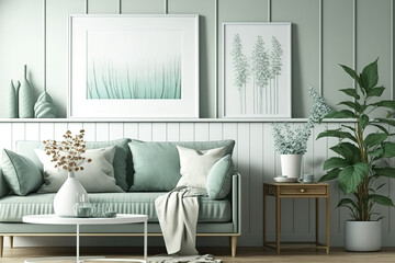 Contemporary living room with mint sofa, coffee table, flower vase, and chic accessories. poster mockup. Exquisite decor. shelf-mounted green wood paneling. Template. Generative AI