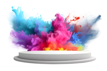 Foto op Canvas 3D podium with Abstract explosion of colored powder colorful paint splashes,  Empty stage display presentation product, isolated on white and transparent background, ai generate © Black Pig