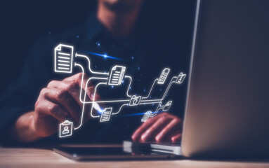 Document data system Report HR technology Concept, Man using pen and digital tablet with document icons, Businessman Manager checking white documents reports papers of files icon in modern office