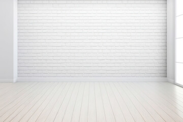White brick wall and wooden floor in a room. a mockup. Generative AI