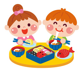 お正月におせちを食べる子どもたちのイラスト