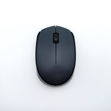 Black and Grey Wireless Computer Mouse Isolated On White Background. View From Above
