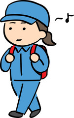 Fototapeta premium 笑顔＆リュックで歩いている作業服の若い女性(全身・帽子)