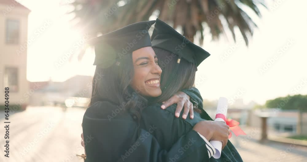 Canvas Prints Happy woman, student and friends hug in graduation or celebration for diploma, degree or certificate at campus. Excited person or graduate in congratulations, love or support for achievement together