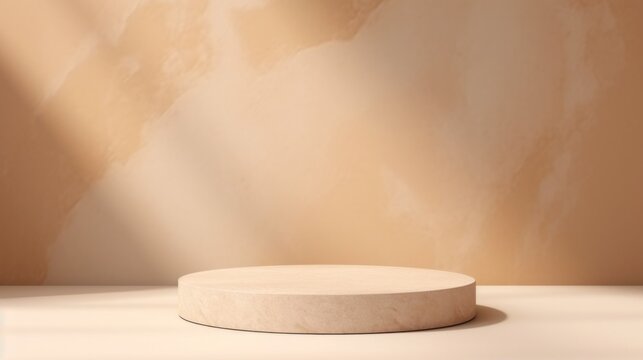 Minimalistic Abstract Beige Background. Empty Podium Of Light Stone.