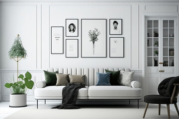 white walls, sofa, and design living room. Generative AI