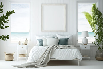 Interior of a comfortable, tropical bedroom mockup in white, in the coastal style. Generative AI - obrazy, fototapety, plakaty