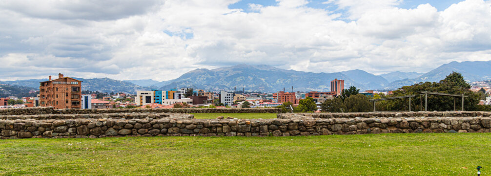 Panoramic view of the city and Inca ruins from the archaeological site of Pumapungo in Cuenca city, Ecuador