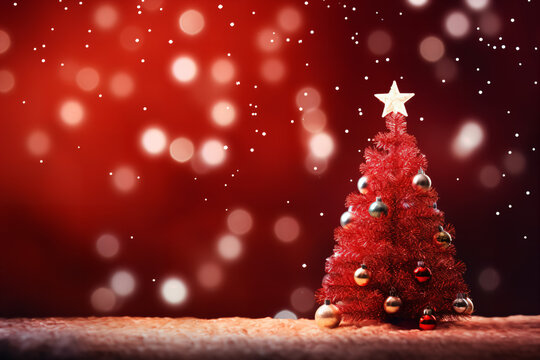 A Christmas tree in front of a background of sparkling bokeh lights. New Year. Winter holiday theme.