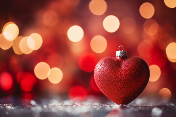 Close up of heart shaped ornament with glittery bokeh background and twinkling lights. Christmas and New Year theme
