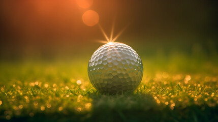 A close-up of a golden golf ball on the grass. Background is bokeh sunlight. 