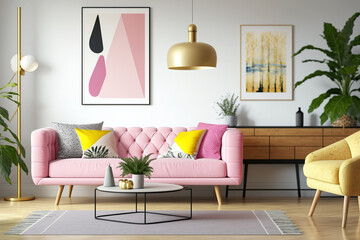 A living room's decor includes a pink sofa, wooden coffee tables, a floor lamp, and a poster. Generative AI