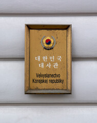 Sign of the Embassy of the Republic of Korea (Velvyslanectvo Korejskej republiky) in Bratislava. Slovakia.
