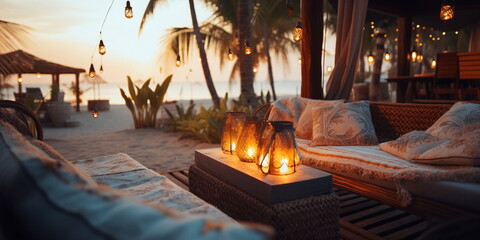 Obraz na płótnie Canvas cozy Luxury resort, evening beach, candles blurred light on table ,sofa, hammock on front sunset sea ,tropical plan and palm