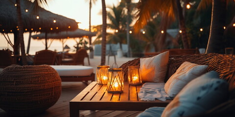 cozy Luxury resort, evening beach, candles blurred light on table ,sofa, hammock on front sunset sea ,tropical plan and palm