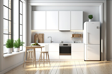 Loft kitchen corner with white walls, wooden floor, white bar, and countertops with built-in appliances. mockup. Generative AI