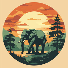 vintage big elephant in pine forest night moon logo vector illustration