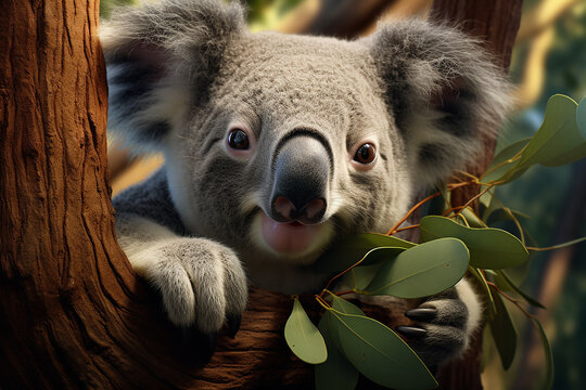 Generative AI Image of Cute Koala on Eucalyptus Tree Outdoor in Forest at Bright Day