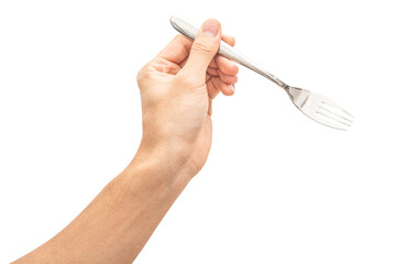 isolated of a man's hand holding a silver steel fork.