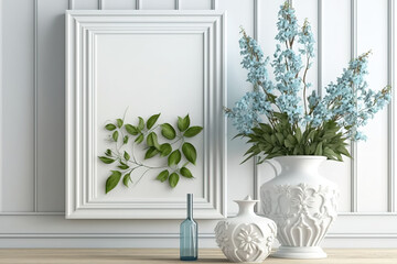 White paneled wall, mock-up poster, and glass vase with flower branches in the background of a room. Generative AI
