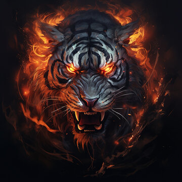 Image of an angry demon tiger terrifying with flames and smoke on dark background. Wildlife Animals. Illustration, Generative AI.