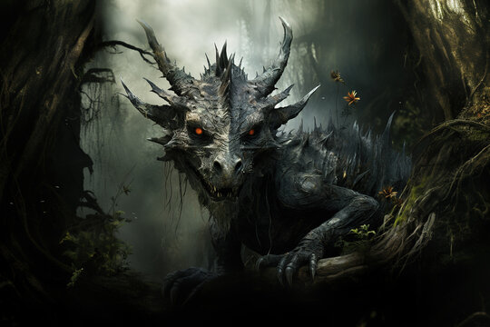 Image of a dragon in the forest with a scary atmosphere, Mythical creatures., Generative AI, Illustration.