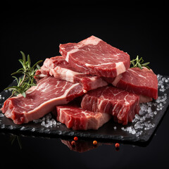 pieces of raw meat on board, isolated with black background
