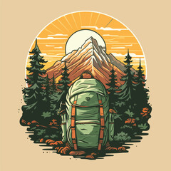 vintage retro big camping backpack in pine forest logo badge vector illustration