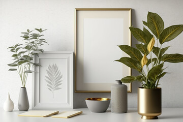 Modern Scandinavian room with brown mock-up photo frame, retro furniture, and stunning plants in design pots. modern decor. Gray walls. minimalism. Template. Generative AI