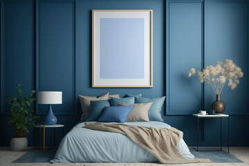 Poster frame mockup in chic blue bedroom,. Generative AI