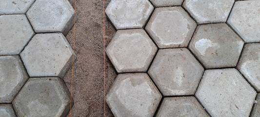 Installation of hexagon paving. Construction tools and details, paving installing with rubber...
