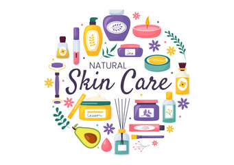 Natural Skin Care Vector Illustration of Women Applying Cosmetics Face Skincare Products with Organic Ingredients in Flat Cartoon Background Template