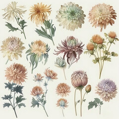  A Collection of Chrysanthemum Flowers Loose Watercolor Illustration