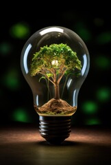 A tree growing inside a light bulb, symbolizing the convergence of nature and technology in a sustainable future