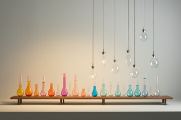 Hanging light bulbs illuminate colorful test tubes in a minimalist, modern setting. A fusion of art and science captured in a single frame