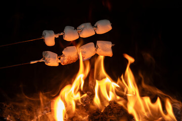 Close em espetos de marshmallows sendo assados em uma linda fogueira no tacho em fundo escuro e desfocado. - obrazy, fototapety, plakaty