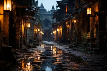 Fototapeta premium Spooky Alleyway In An Old Town With Wet Roads, Generative AI