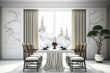 Realistic luxury oriental style family dining table with traditional chinese hardwood chairs and white marble table beside the window with premium draped satin drapes, Blank space, Floor. Generative