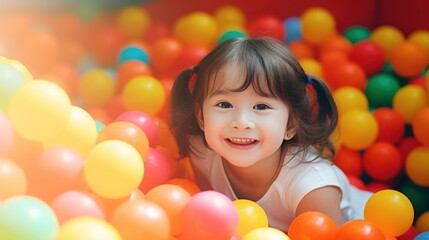 Obraz premium Smiling little baby kid girl playing in pool with colorful plastic balls in game room.