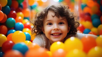 Fototapeta na wymiar Smiling little baby kid girl playing in pool with colorful plastic balls in game room.