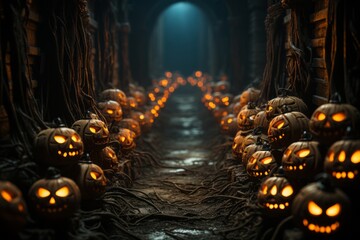 Eerie Ambience With A Chilling Border Of Jack O Lantern, Generative AI 