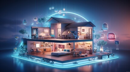 white futuristic smart living house with digital technologies and holographic screens and web signs. big family home. blue and warm yellow light. Generative AI	 - obrazy, fototapety, plakaty