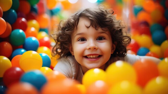 Smiling little baby kid girl playing in pool with colorful plastic balls in game room.
