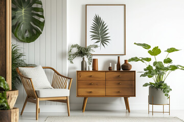 Scandinavian living room with antique home decor, elegant wooden commode, mock-up poster frames, tropical leaf in vase, watercan, plants, decoration, and accessories. Template. Generative AI