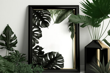 Mockup Poster White Wall With Black Frame And Plants. Generative AI