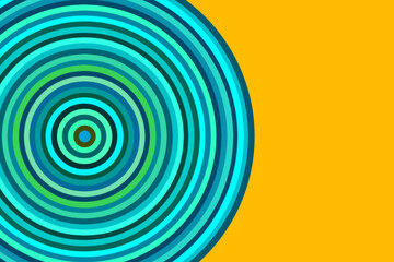 深い黄色地に青緑のバリエーションの多重の大きな円