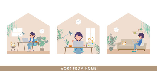 在宅で仕事をしている広報担当女性のセット