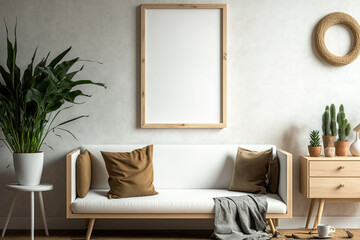 Scandinavian-styled mockup photo frame on the living room wall. natural wooden bohemian furniture. Generative AI