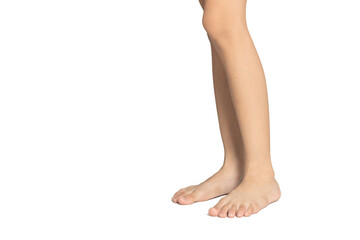 Beautiful female feets retouched and isolated on a white background. Standing on your legs. Empty space, blank for design.